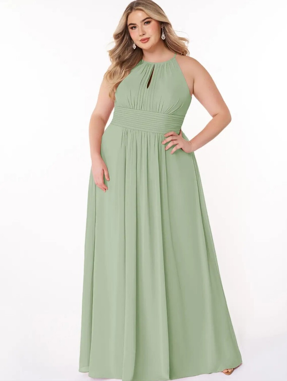 Azazie NWT Bonnie A-Line Keyhole Chiffon Halter Maxi Dress in Dusty Sage sz 16